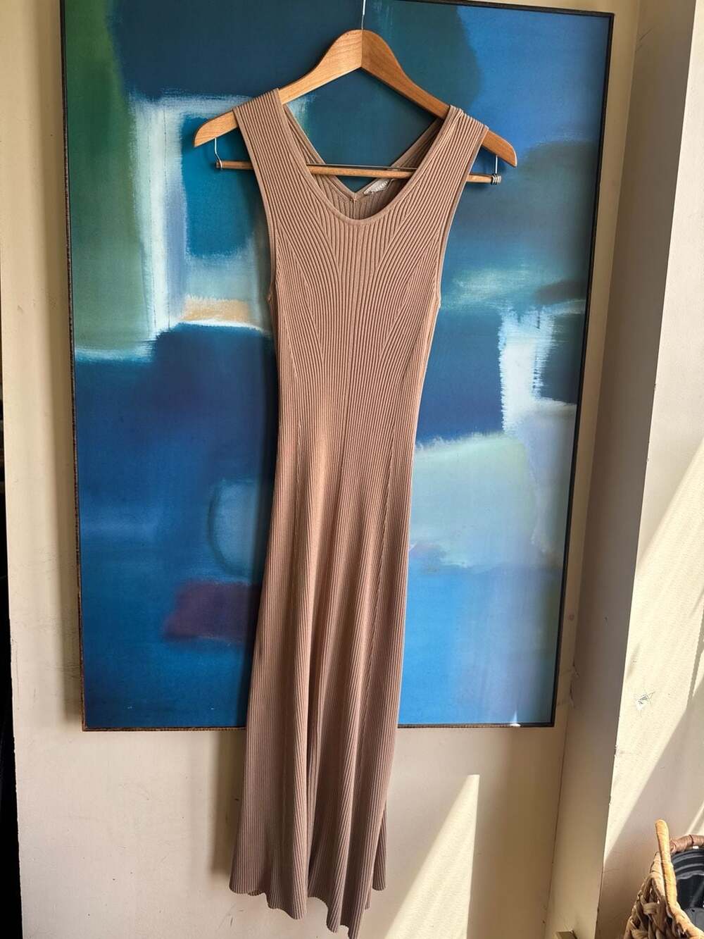 Everlane The Ribbed V-Neck Maxi Dress in Tan